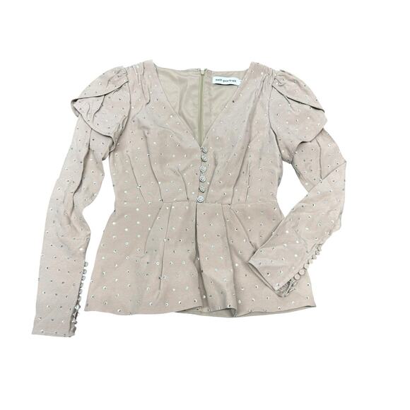 Self Portrait Blush Pink Crystal Button Crepe Blouse Peplum Long Sleeve sz 4 - Picture 4 of 14
